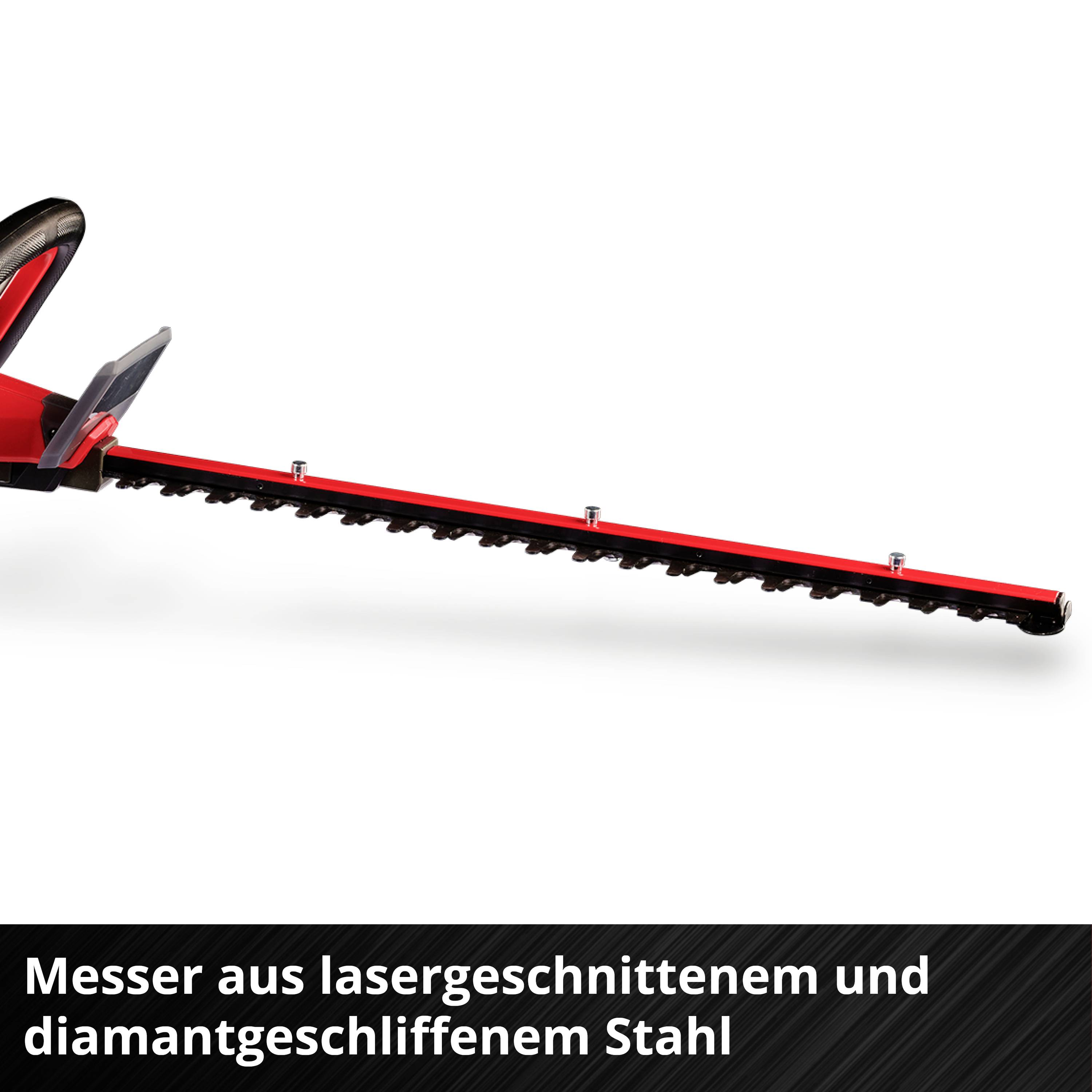 Červený elektrický rezací nástroj s dlhou, zubasou čepeľou; text dole: 'Nôž z laserom rezanej ocele'.