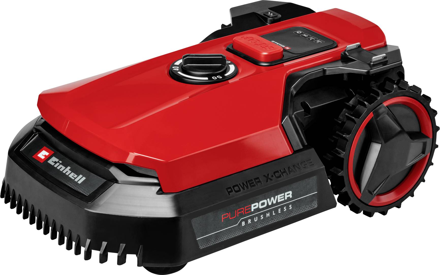 Červený automatický kosačka so čiernym podvozkom a ovládacími prvkami na hornej strane, názov značky viditeľný z boku.