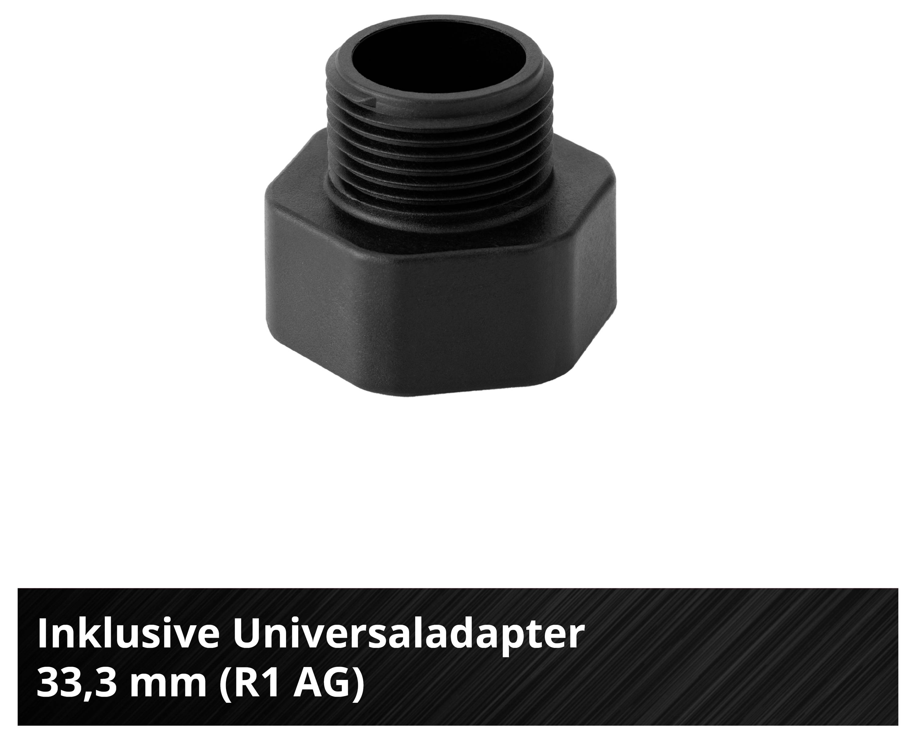 Čierny univerzálny adaptér so vonkajším závitom; Popis: „Vrátane univerzálneho adaptéra 33,3 mm (R1 AG)".