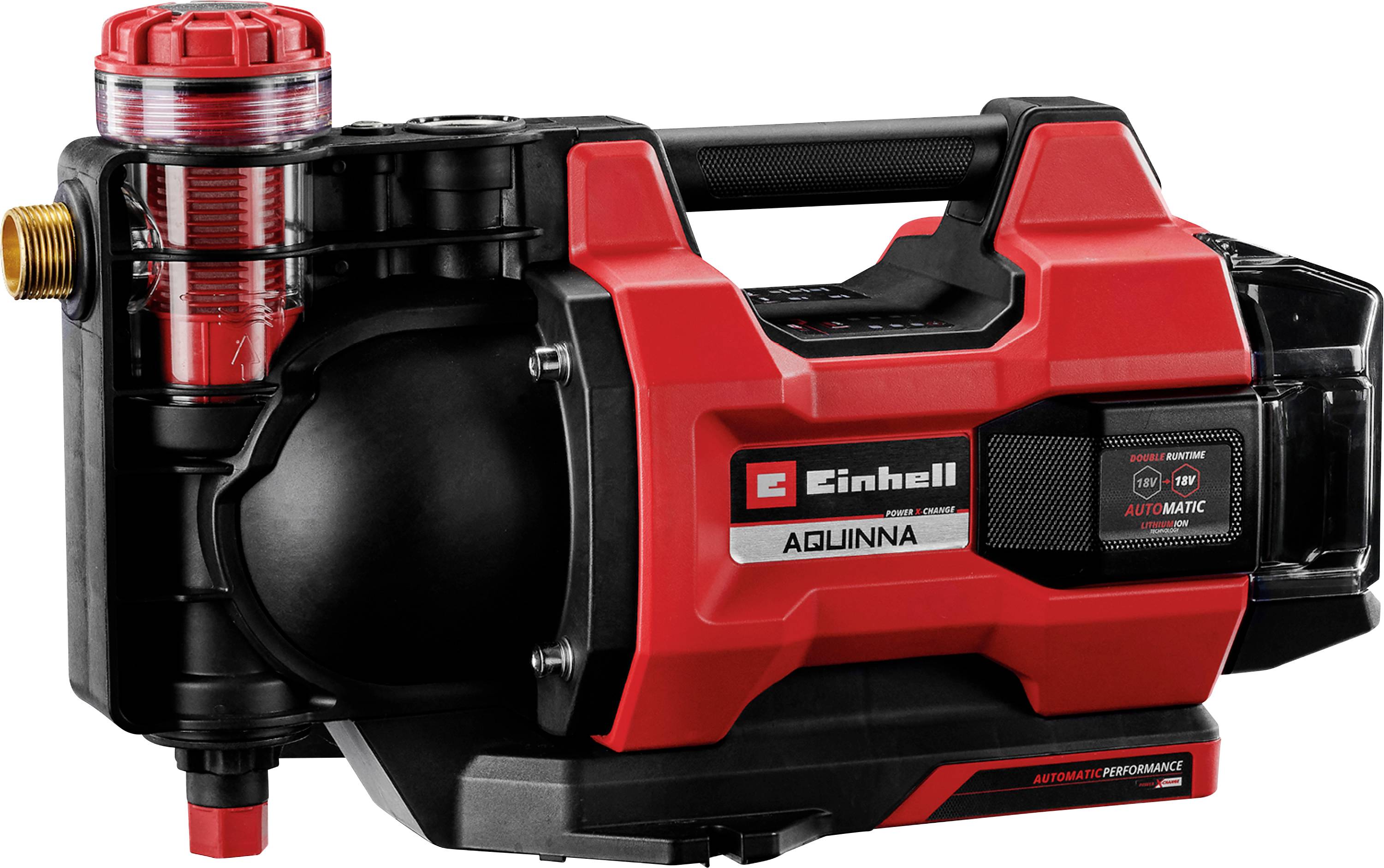 Červeno-čierny automatický záhradný čerpadlo Einhell AQUINNA s rukoväťou na prenášanie a priehľadným filtračným komorou, zobrazené na bielom pozadí.
