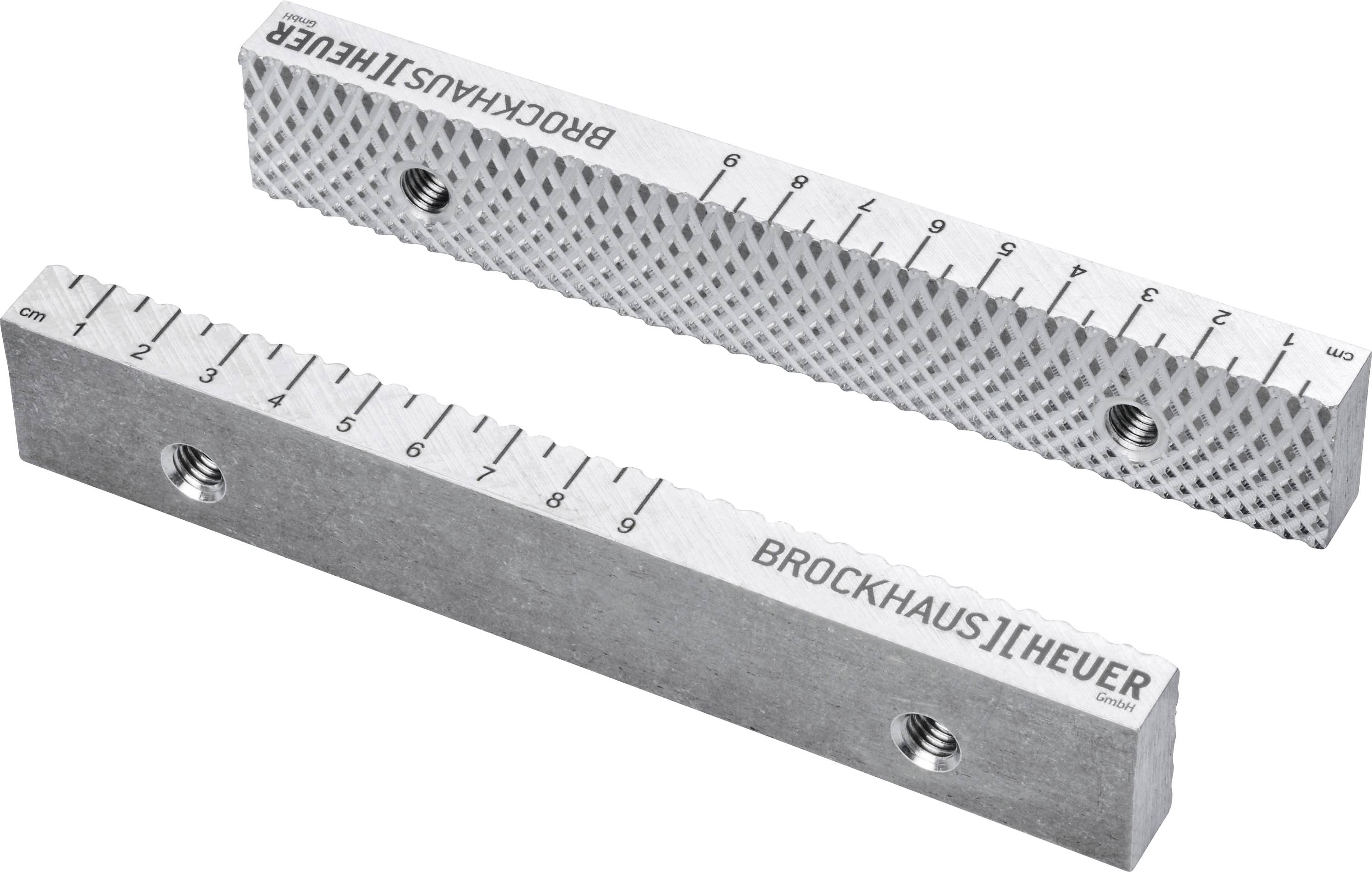 Dva strieborné kovové pravítka od Brockhaus Heuer, jedno s drážkami, druhé hladké, obe s označením od 0 do 100 mm.