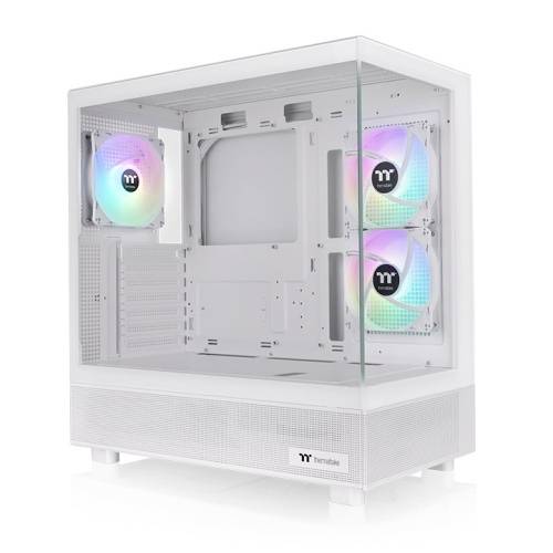 Biele PC púzdro s priehľadným bočným panelom, zobrazujúce tri RGB ventilátory v rôznych farbách.