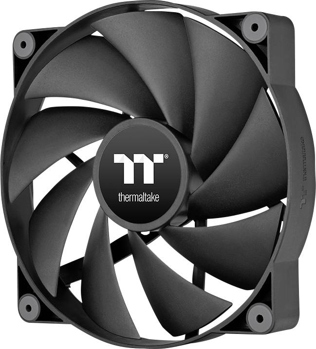 Čierny počítačový ventilátor s deviatimi listami a logom 'thermaltake' uprostred, používaný na chladenie v počítačoch.