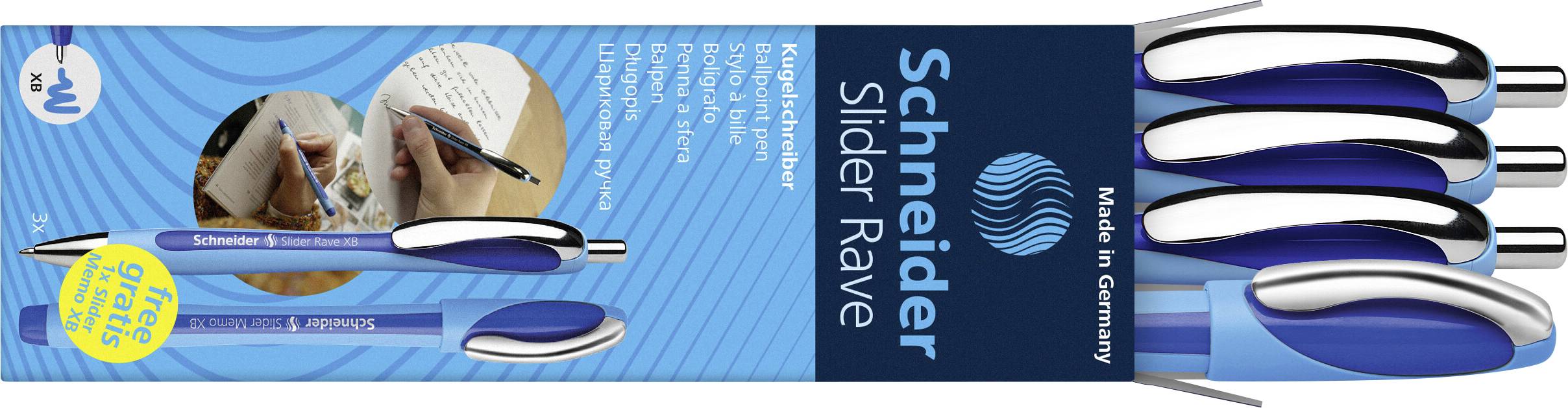 Schneider Schreibgeräte 1 pz. Box 3x Kugelschreiber Rave + 1x Memo blau 132574 Penna N/A