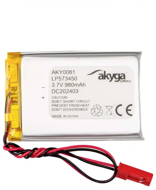 Lítiovo-iónová batéria s čiernym a červeným káblom. Nápis udáva: '3,7V, 980mAh'. Bezpečnostné upozornenia: 'Zabrániť skratu, chrániť pred teplom'.
