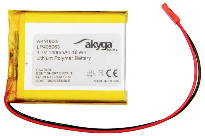 Lítiovo-polymérová batéria 3,7V 1400mAh, žltý kryt, červené a čierne káble. Výstražné upozornenia: 'Nezakaľovať, chrániť pred teplom, nerozoberať.'