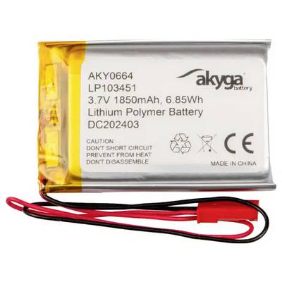 Lítiovo-polymérová batéria s nápisom '3.7V, 1850mAh, 6.85Wh'. Obsahuje výstražné upozornenia a kábel s červeným konektorom.