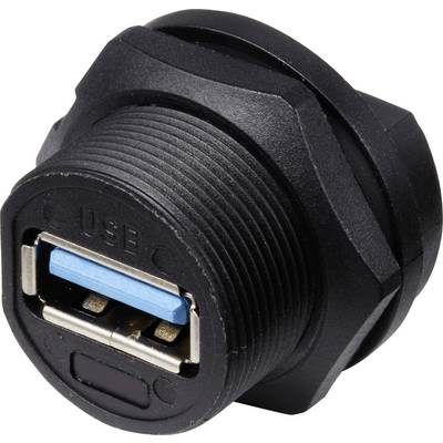 Čierny USB port s modrým vnútorným priestorom, zabudovaný do valcovitého púzdra, vhodný pre robustné aplikácie.