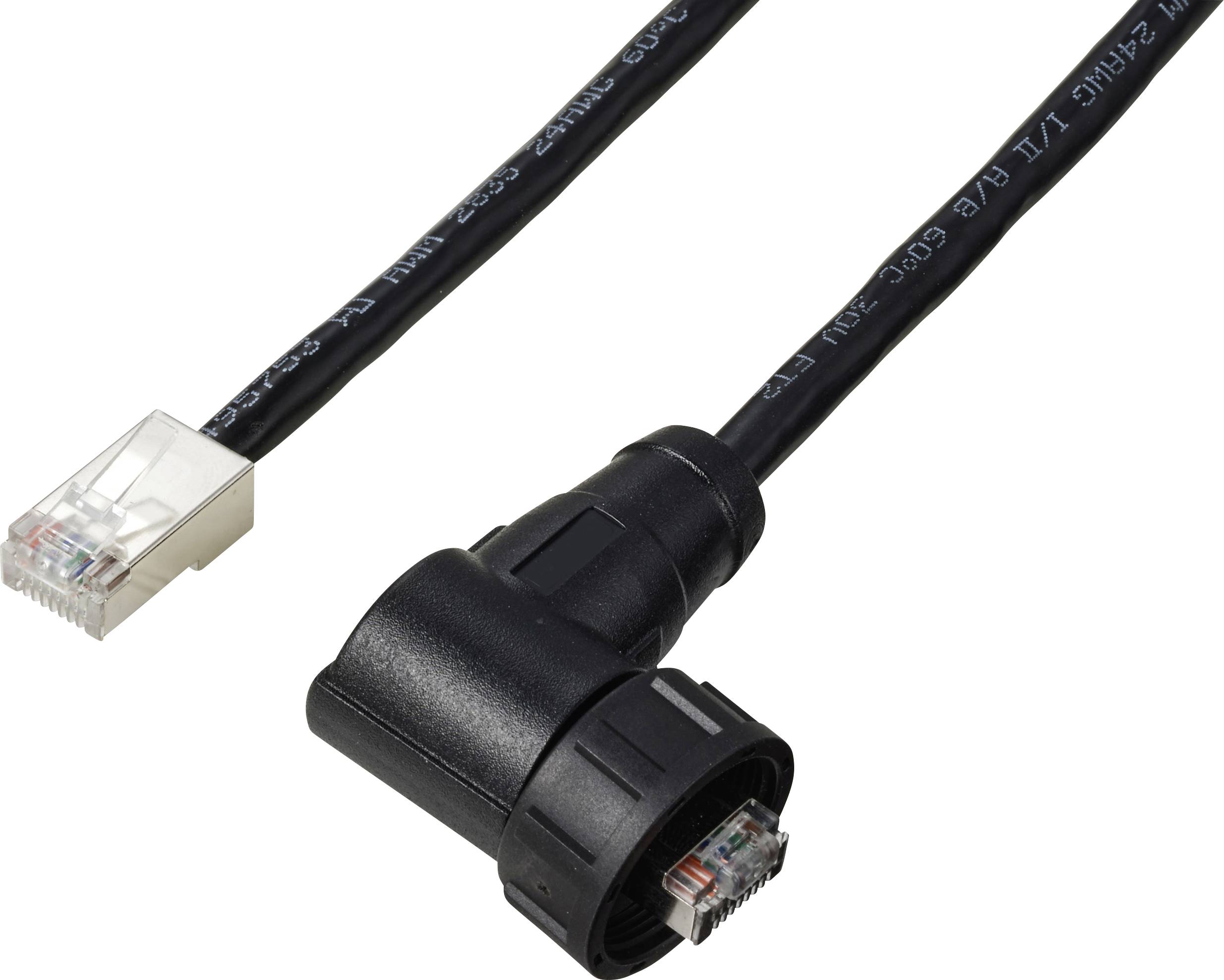 Čiernemu ethernetovému káblu s pravouhlým konektorom na jednej strane a priehľadným RJ45 konektorom na strane druhej.