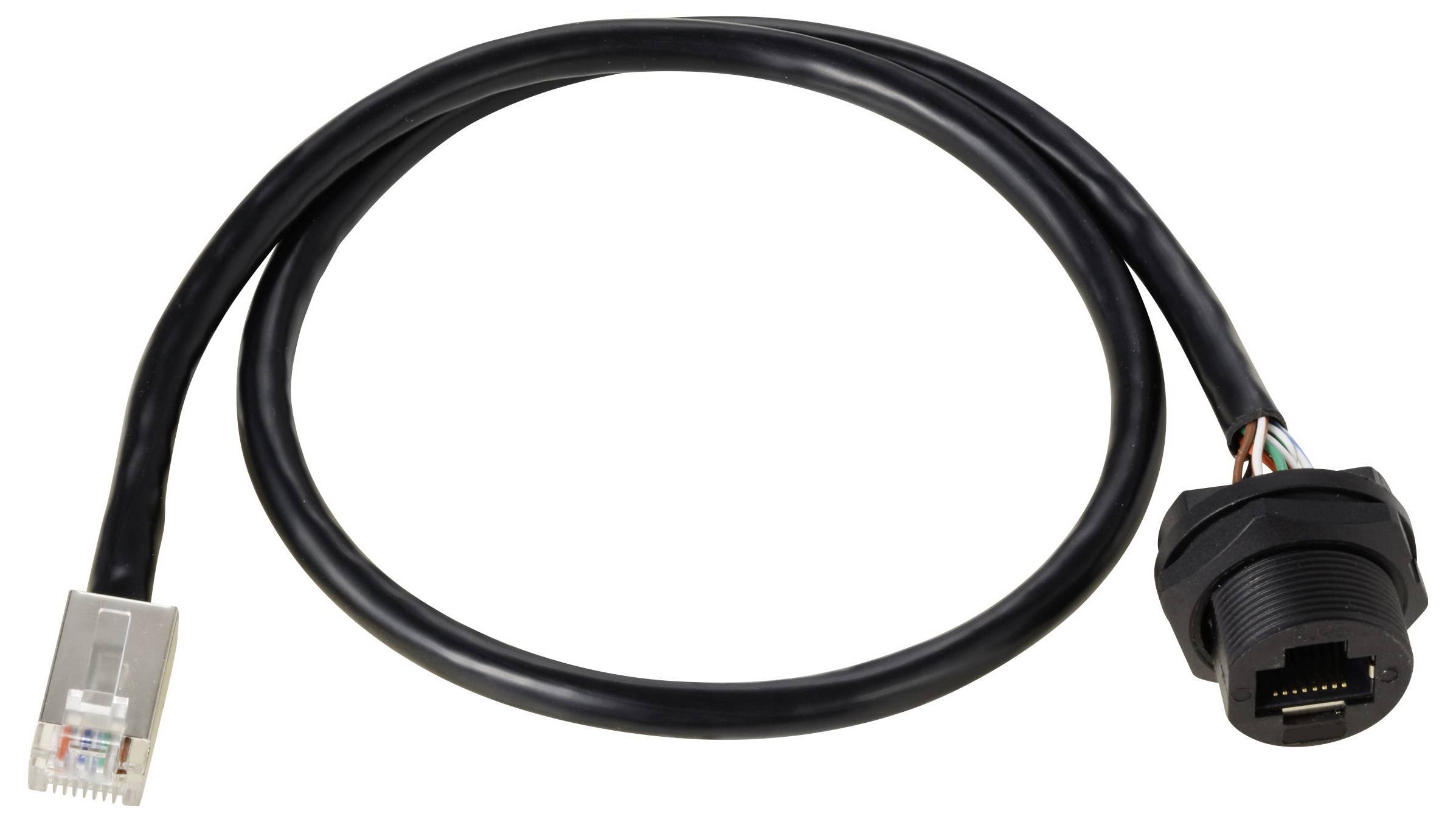 Čierny sieťový predlžovací kábel s RJ45 konektorom na ľavej strane a RJ45 zásuvkou na pravej strane.