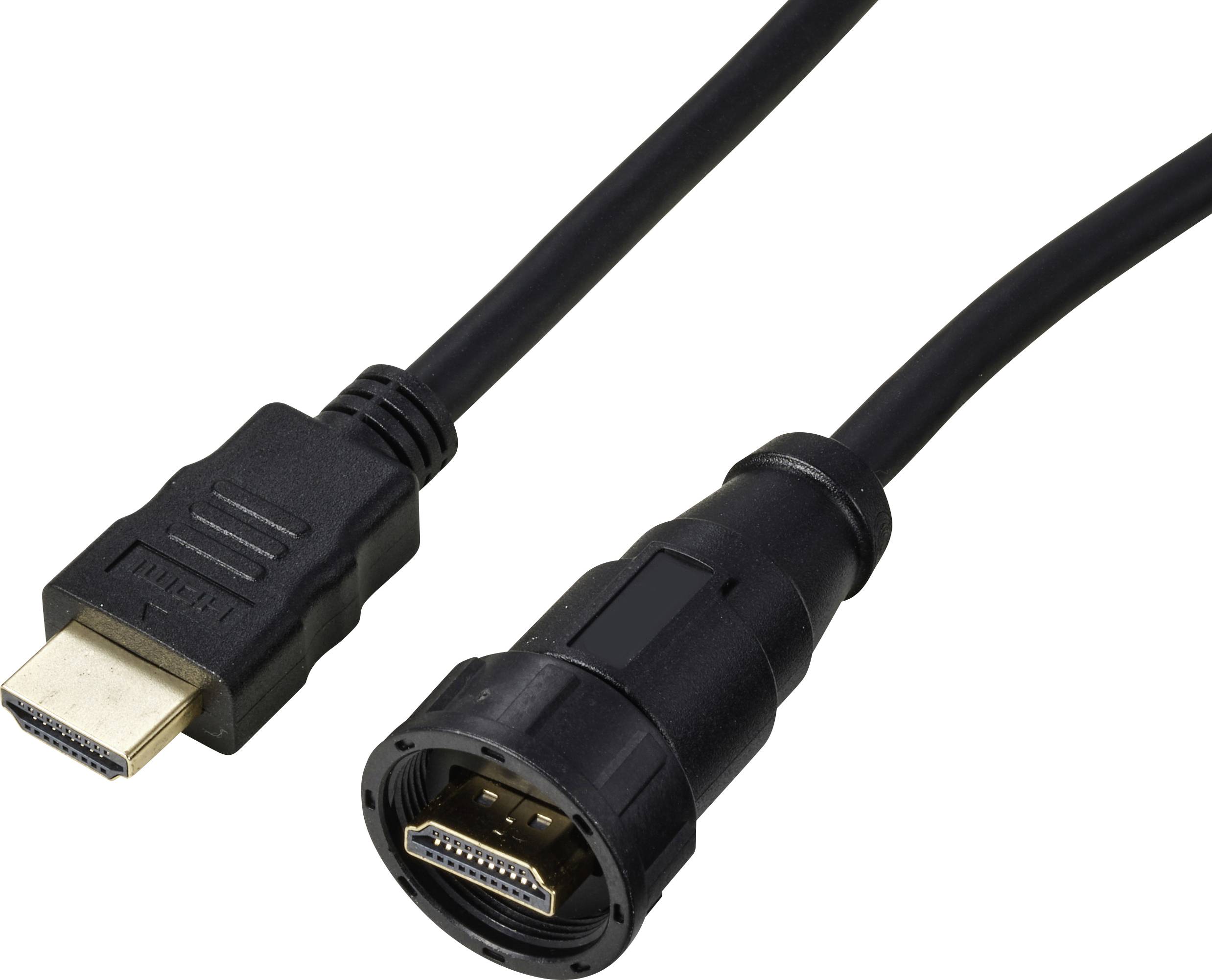 HDMI kábel s mužským a ženským konektorom, používaný na prenos audio a video signálov medzi zariadeniami.