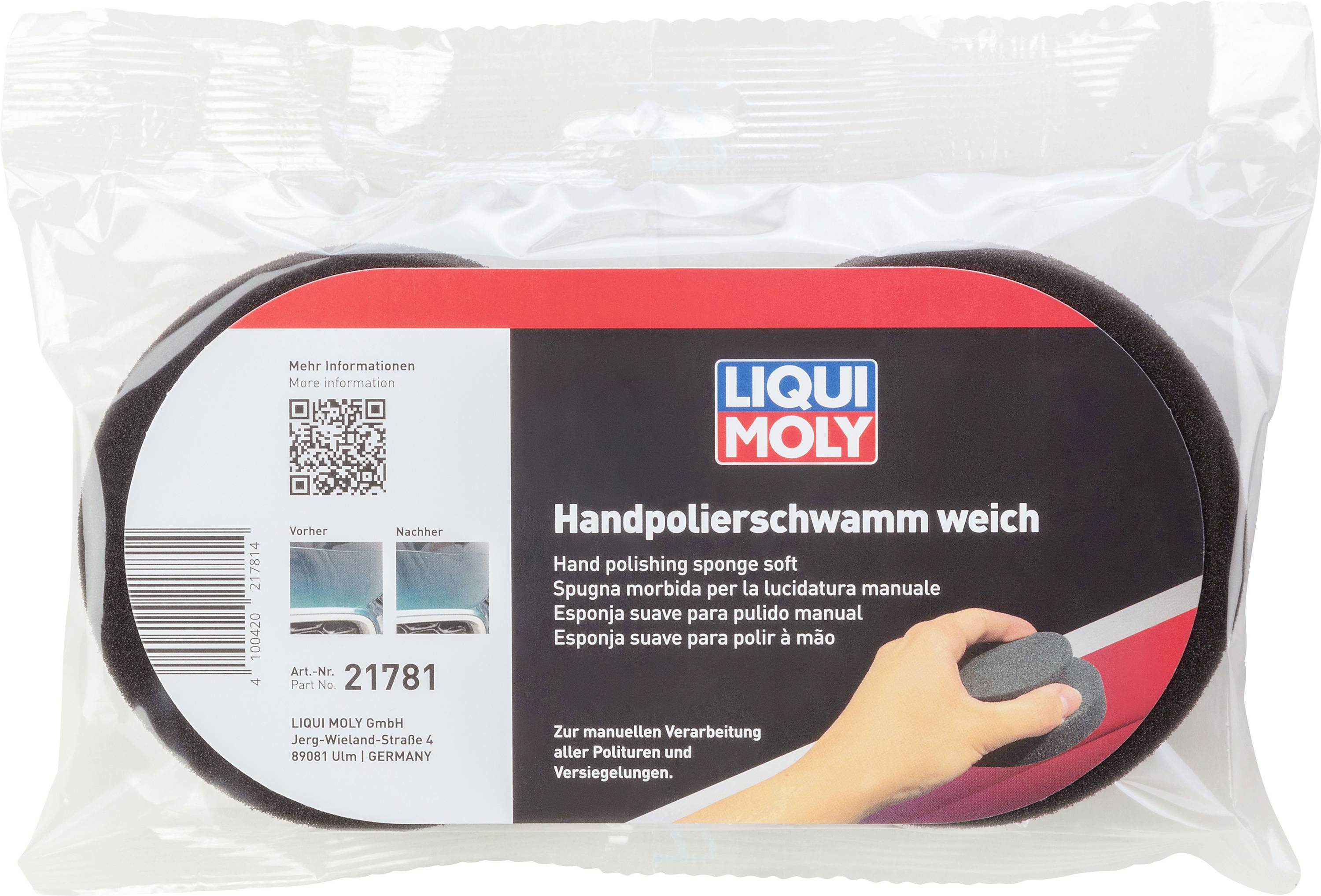 Mäkká leštiaca špongia od LIQUI MOLY v obale. Na manuálne leštenie a tesnenie, vrátane návodnej ilustrácie a QR kódu.