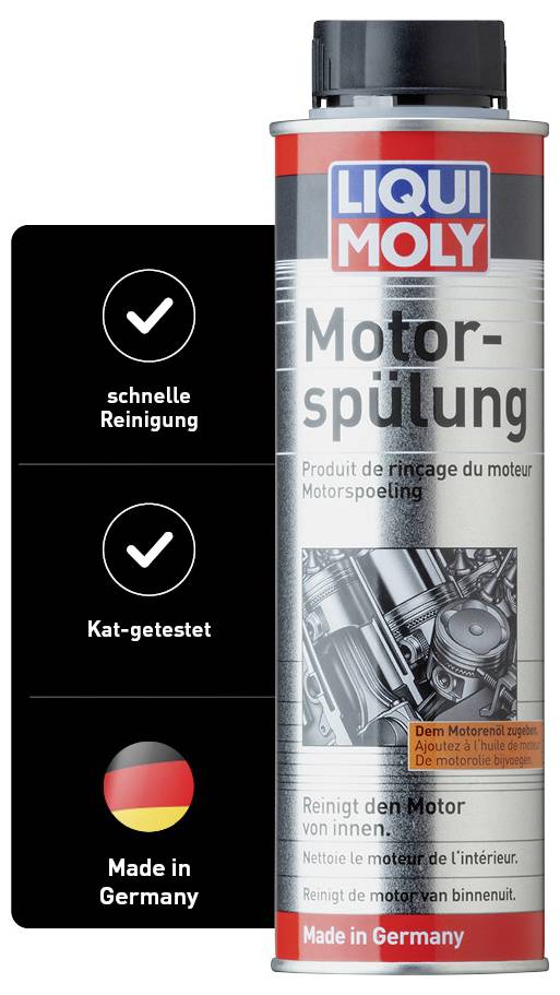 Jedna dóza Liqui Moly motorového preplachového prostriedku, ktorý propaguje rýchle čistenie, testovaný pre katalyzátor s nemeckou vlajkou a textom 'Made in Germany'.