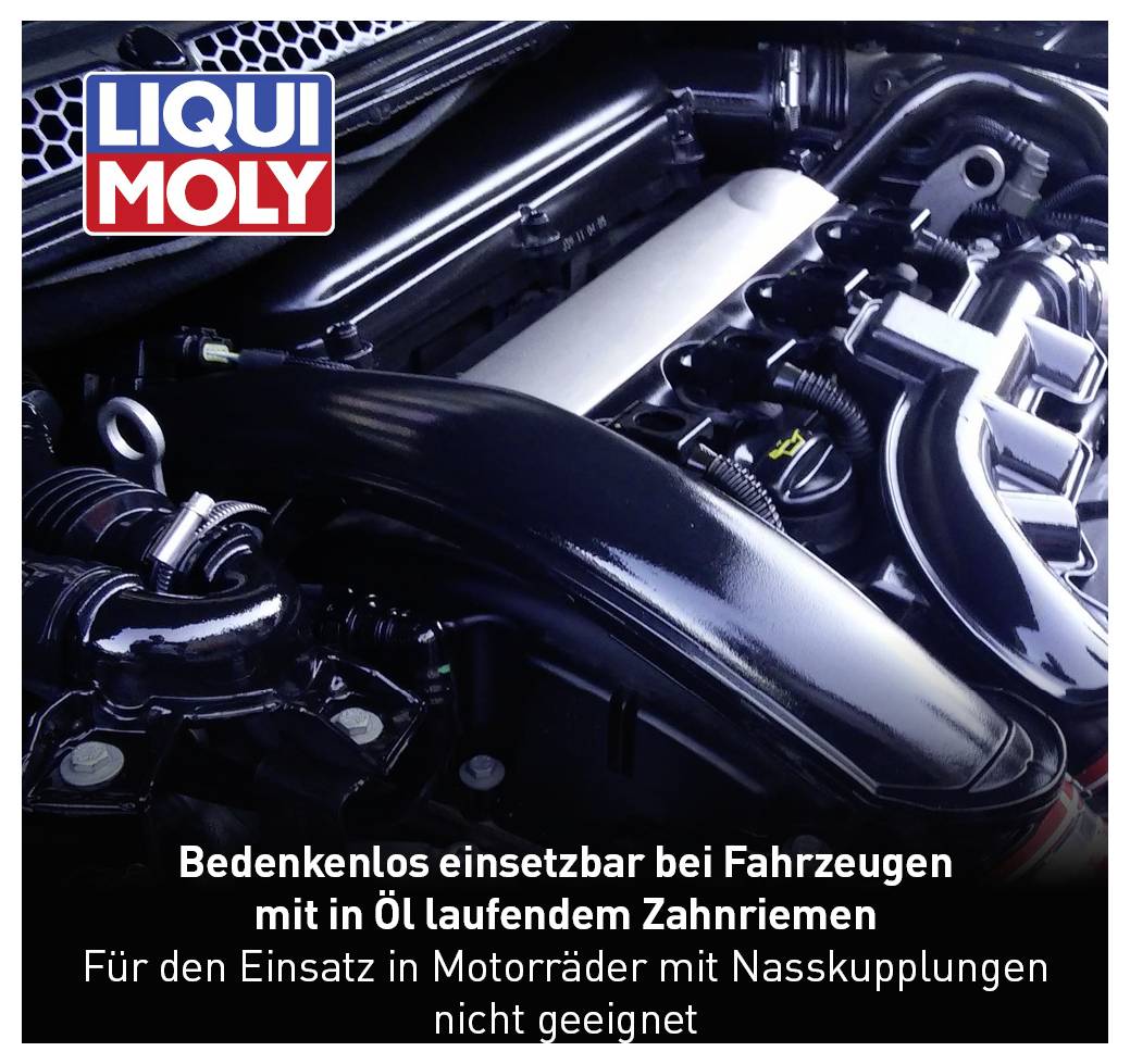 Priestor motora vozidla s lesklým motorom, vedľa loga LIQUI MOLY. Pod tým text s upozornením na vhodné použitia.