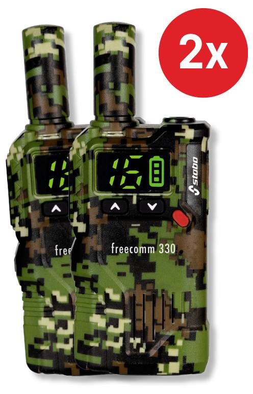 Dva maskované vysielačky s displejom a tlačidlami, model 'freecomm 330', zobrazujú číslo '16', červené označenie s '2x'.