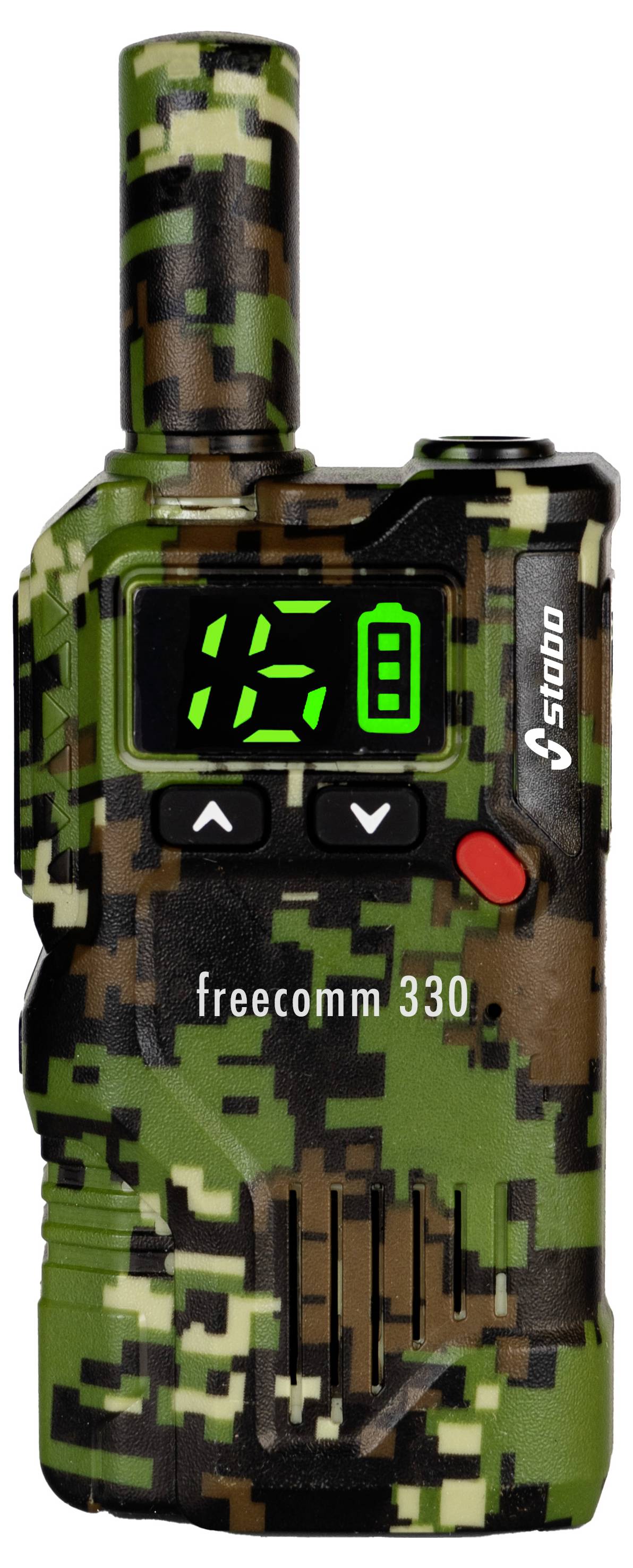 Kamufláž walkie-talkie s digitálnym displejom a tlačidlami; model 'freecomm 330'.