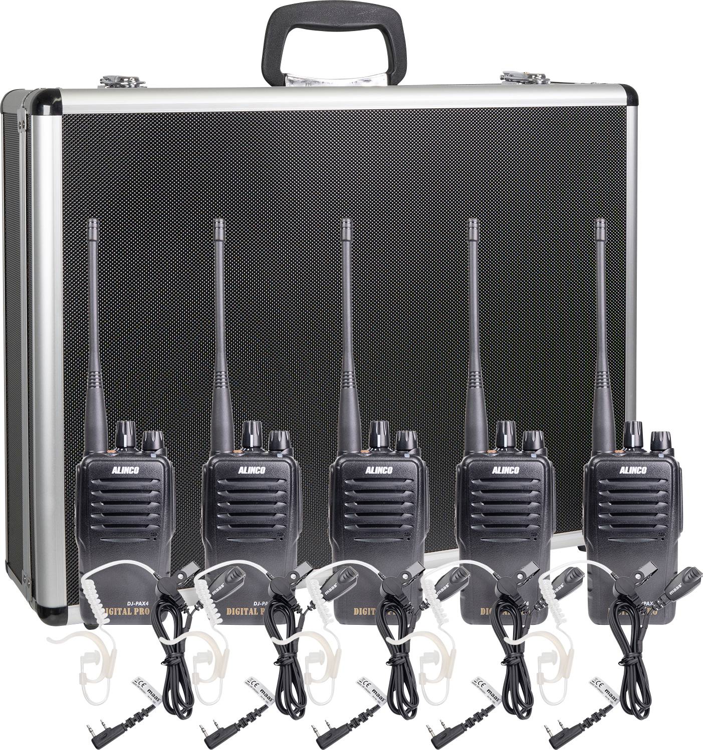Päť rádiových vysielačiek s anténami a slúchadlami stojí pred strieborným tvrdým kufríkom, pripravených na použitie pre komunikáciu.