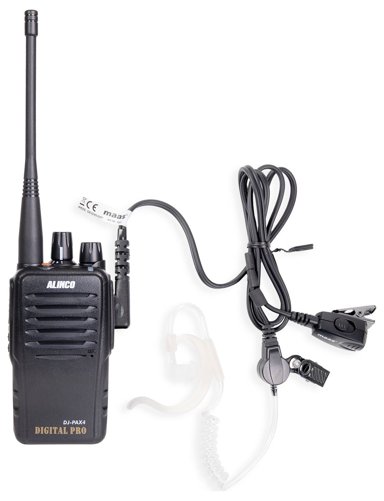 Digitálna rádiostanica s anténou, slúchadlom a káblami, vhodná pre profesionálnu komunikáciu. Označenie 'Alinco DJ-A42 DIGITAL PRO'.