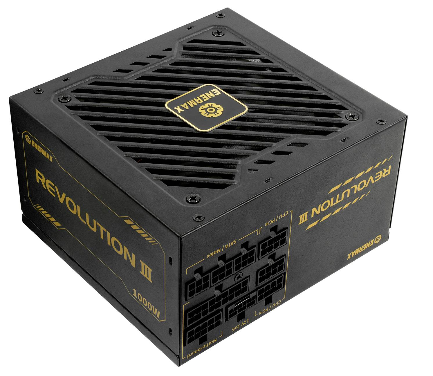 Sieťový zdroj 'Revolution III' od Enermax, 1000W, s modulárnym systémom káblov a vetracími otvormi na hornej strane.