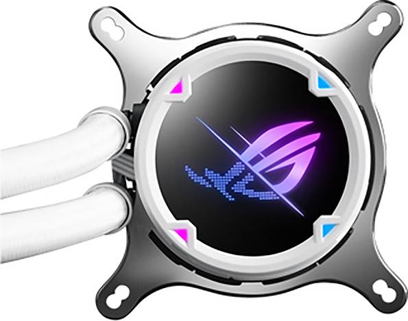 Chladiaca jednotka s osvetleným logom a štyrmi hadicami. Dizajn zdôrazňuje moderný vzhľad a funkčnosť v technologickom prostredí.