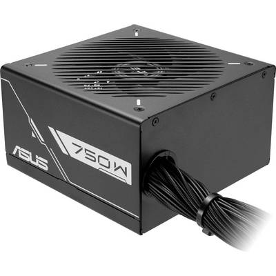 Čierna počítačová napájacia jednotka od ASUS s výkonom 750 wattov, mriežka ventilátora na vrchu, zväzok káblov vyčnieva po strane.