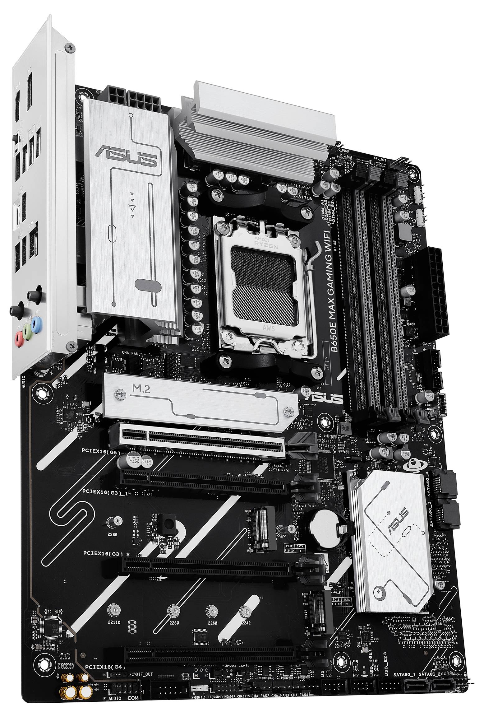 Čierna základná doska ASUS s viacerými rozširovacími slotmi a konektormi, vhodná pre vysokovýkonné počítačové aplikácie.