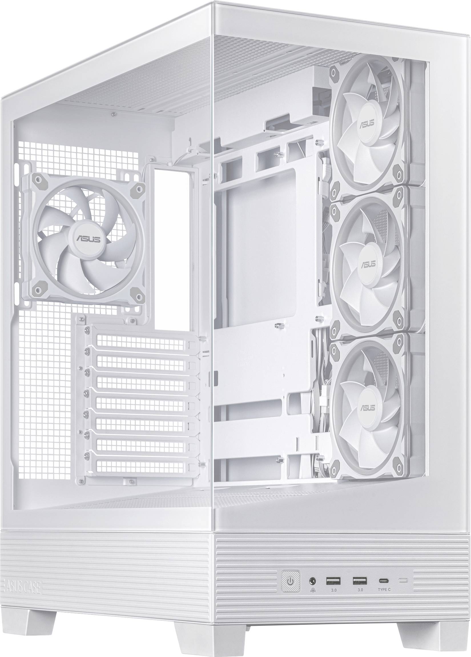 Biele PC púzdro so sklenenou stenou zobrazuje štyri ventilátory, rôzne konektory a niekoľko slotov vo vnútri.