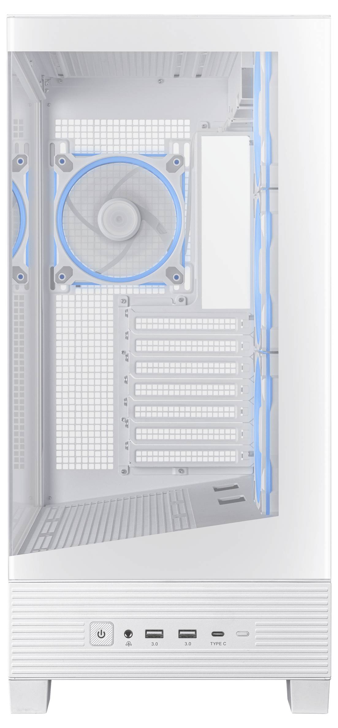 Biele počítačové púzdro s priehľadným bočným panelom a viditeľným ventilátorom. Predná strana s portami a tlačidlami.