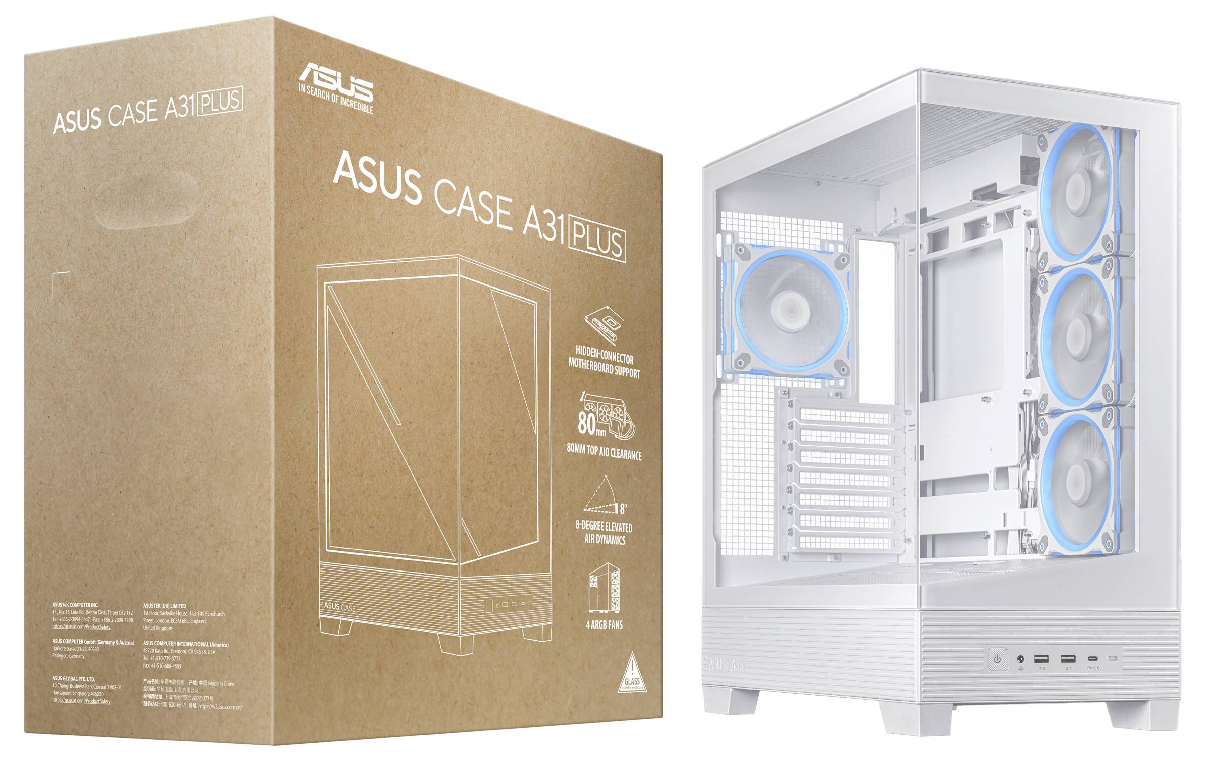 Počítačová skrinka 'ASUS Case A31 Plus' v bielej farbe s modrými ventilátormi, vedľa obalu.