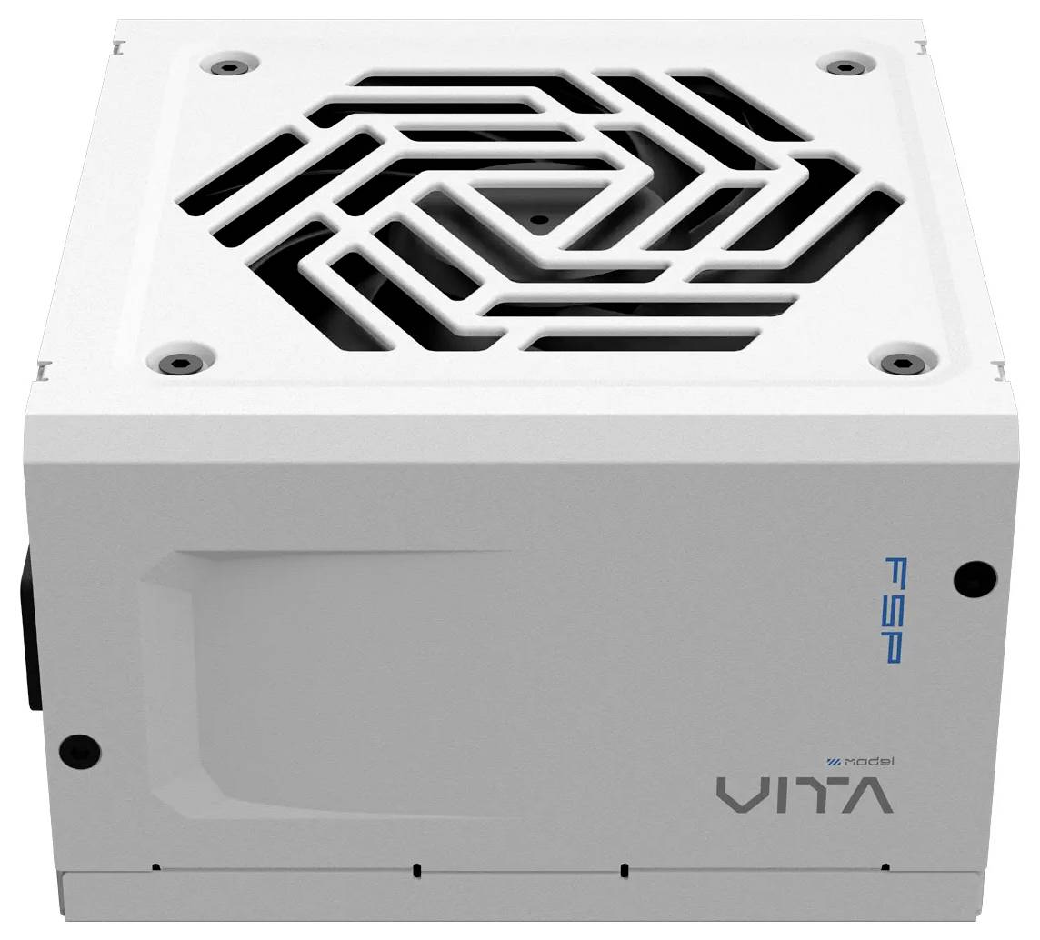 Biely napájací zdroj s čiernou mriežkou ventilátora, logom 'FSP' a 'Vita'. Vhodný na napájanie počítačov.