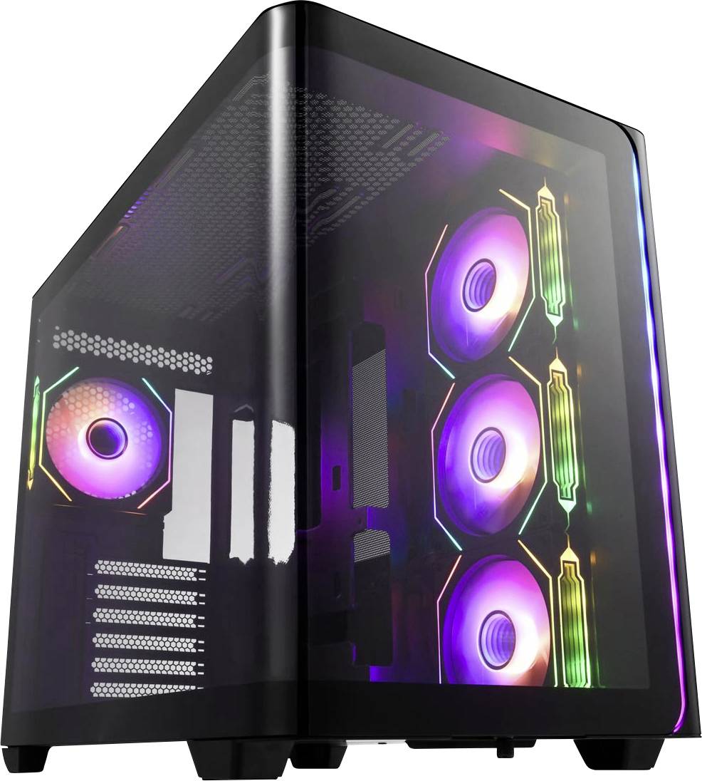 Počítačová skrinka s priesvitnou bočnou stenou, ktorá obsahuje farebne podsvietené RGB ventilátory a odhaľuje modernú hardvérovú výbavu.