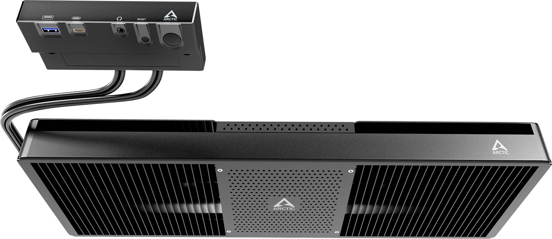 Teplovzdušný ventilátor 'ARCTIC' s dvoma ventilátormi. Čierna konštrukcia pre efektívne rozvádzanie tepla, vhodná na vykurovanie priestorov.
