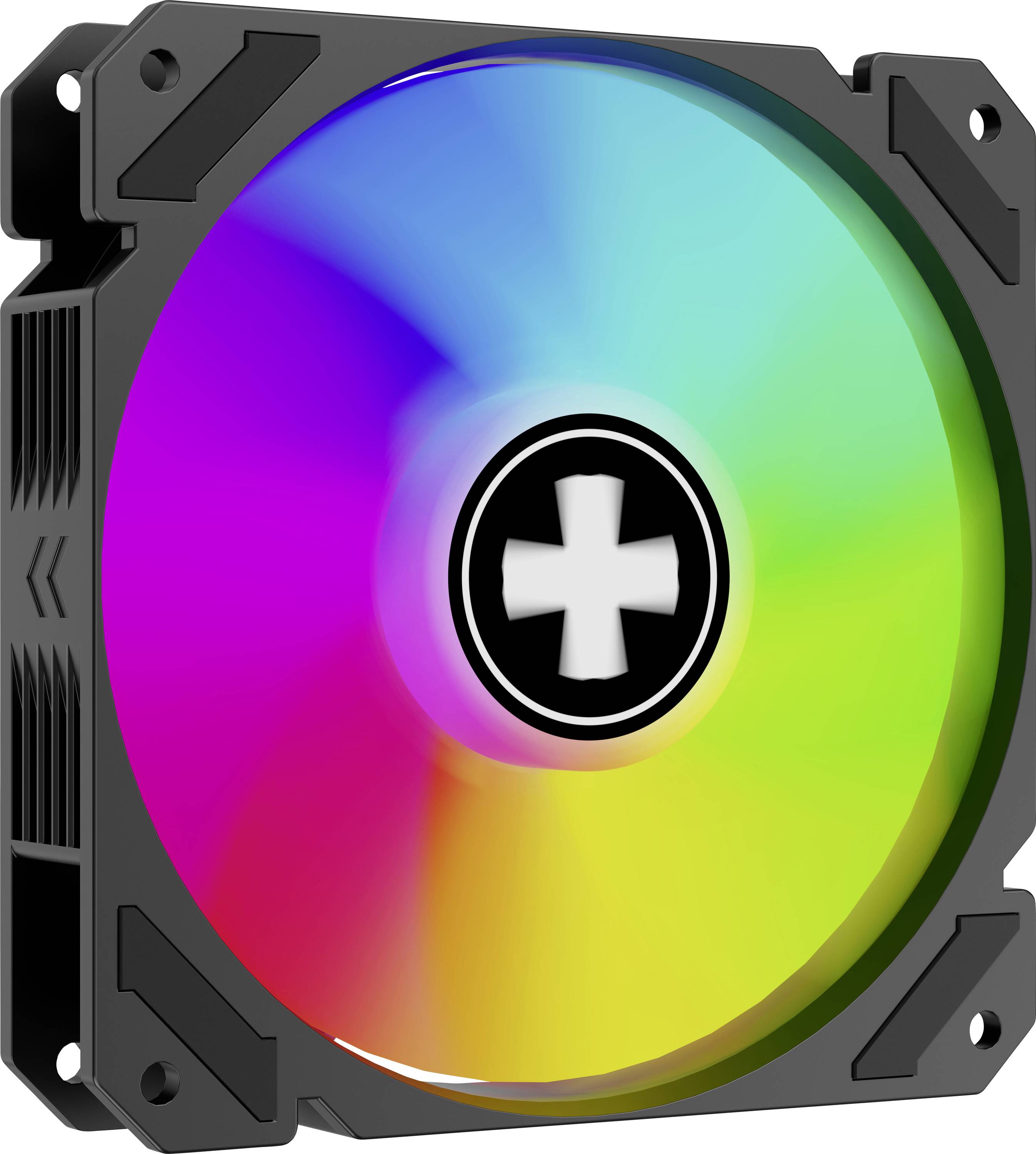 Počítačový ventilátor s RGB LED diódami s farebným prechodom z červenej do modrej. V strede obrázku je centrálna upevňovacia skrutka.