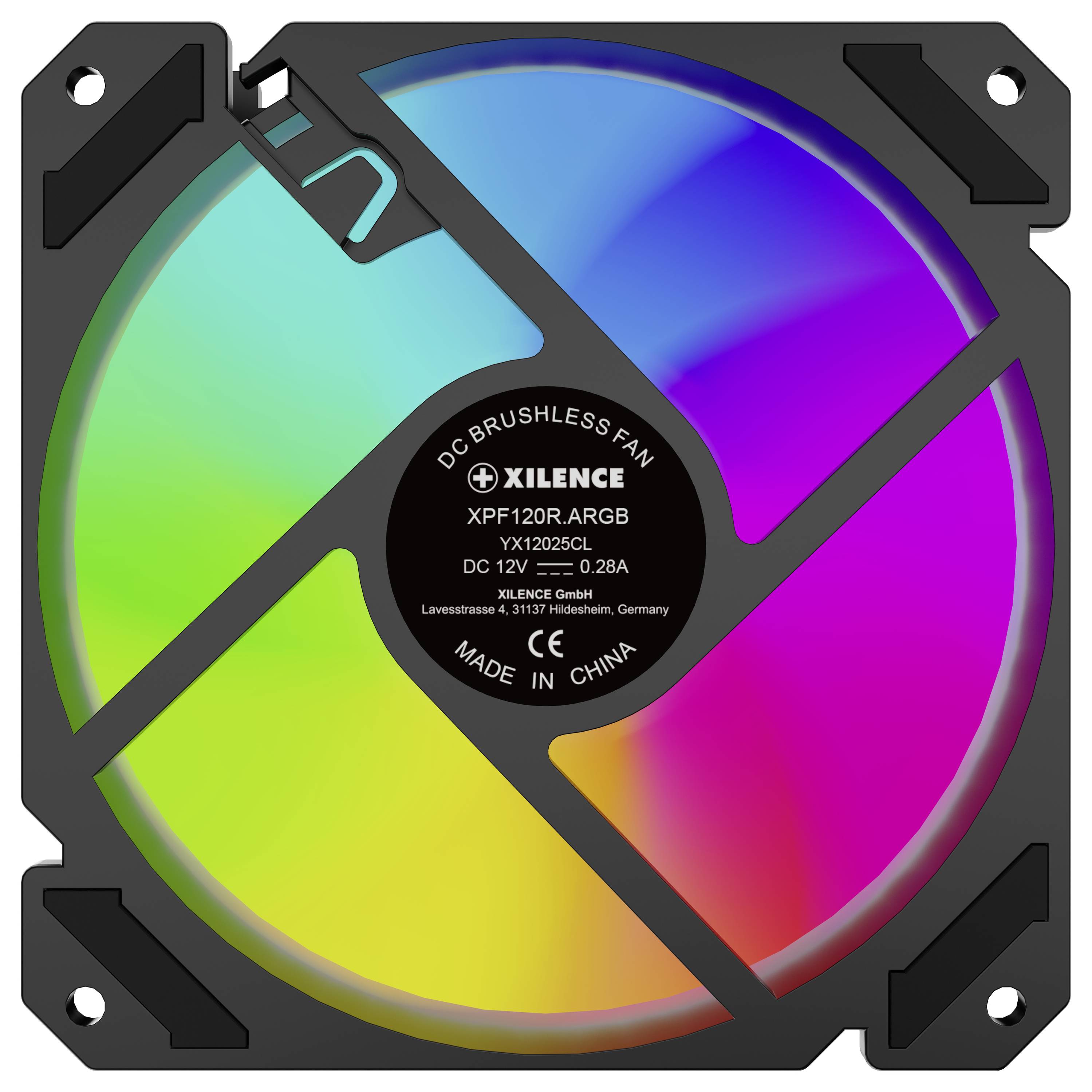 Počítačový ventilátor s farebnými RGB LED diódami a čiernym rámom, model XPF120R.ARGB od spoločnosti Xilence, označený špecifikáciami.