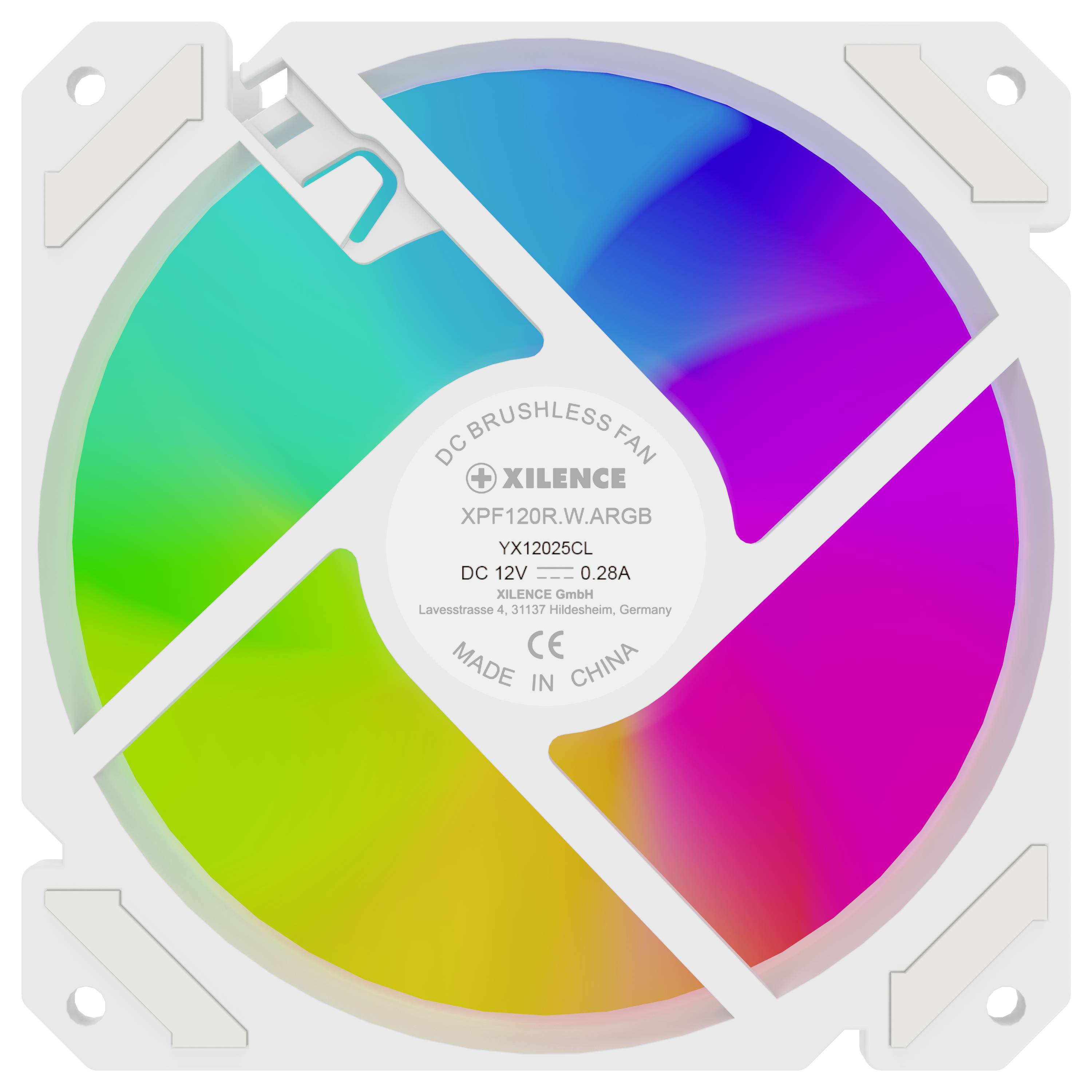Farebný počítačový ventilátor s RGB podsvietením, pozostávajúci z segmentovaných oblastí v modrej, zelenej, červenej a fialovej farbe.