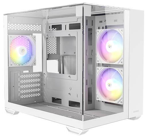 Biele PC púzdro s priehľadným bočným panelom zobrazuje nainštalované ventilátory s RGB podsvietením.