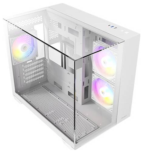 Biele počítačové púzdro s priehľadným bočným panelom a tromi svietiacimi ventilátormi, ideálne pre zostavovanie počítačov.