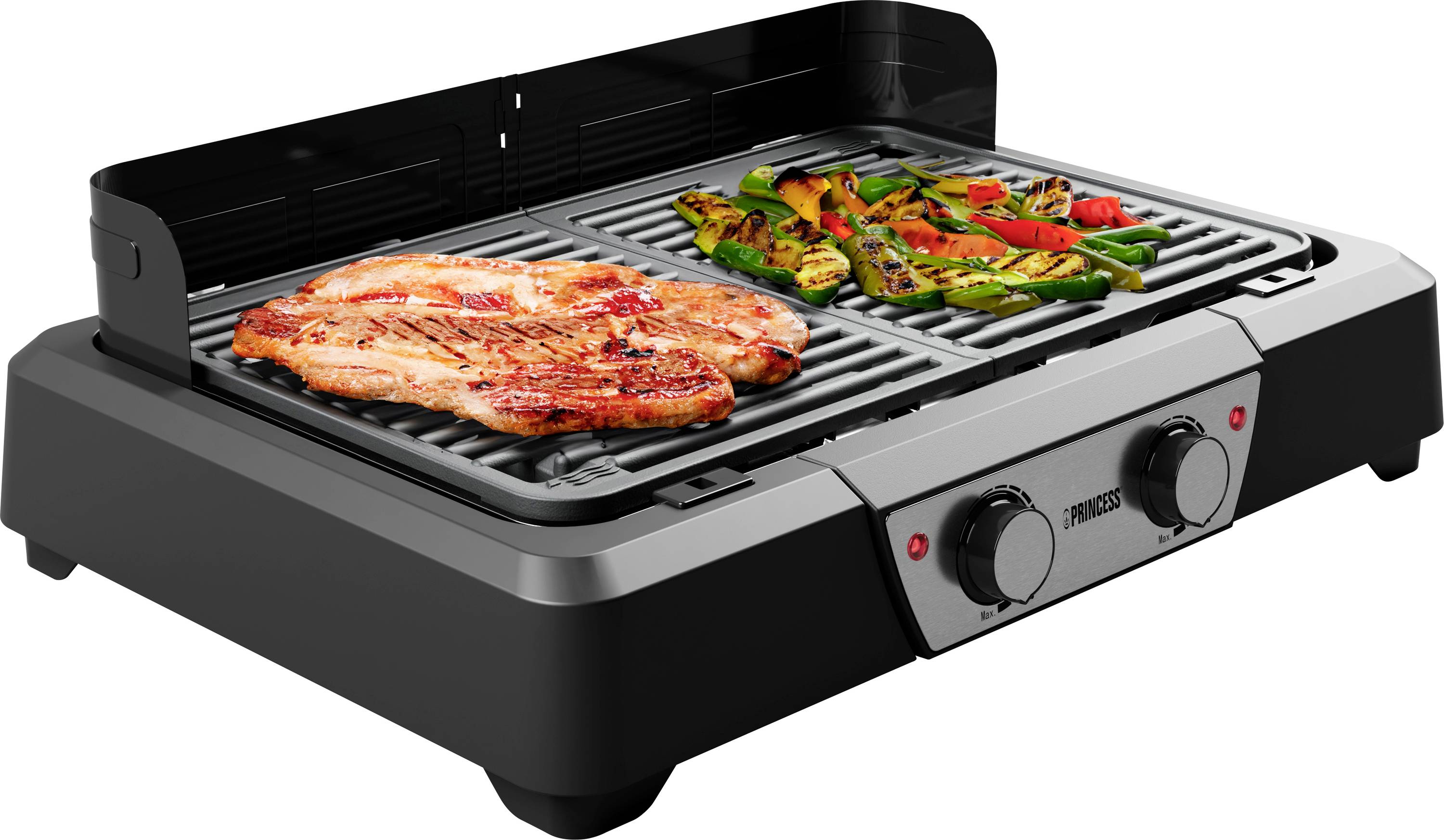 Elektrický gril s dvoma steakmi a grilovanou zeleninou na grilovacom rošte. Vpredu je viditeľný regulátor na nastavenie teploty.