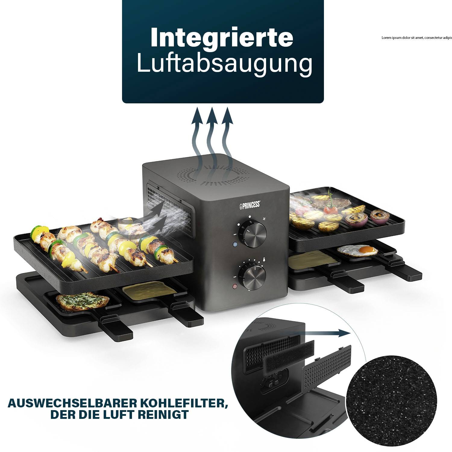 Varný prístroj so vstavaným odsávaním vzduchu. Štyri grilovacie dosky s výmennými uhľovými filtrami na čistenie vzduchu.