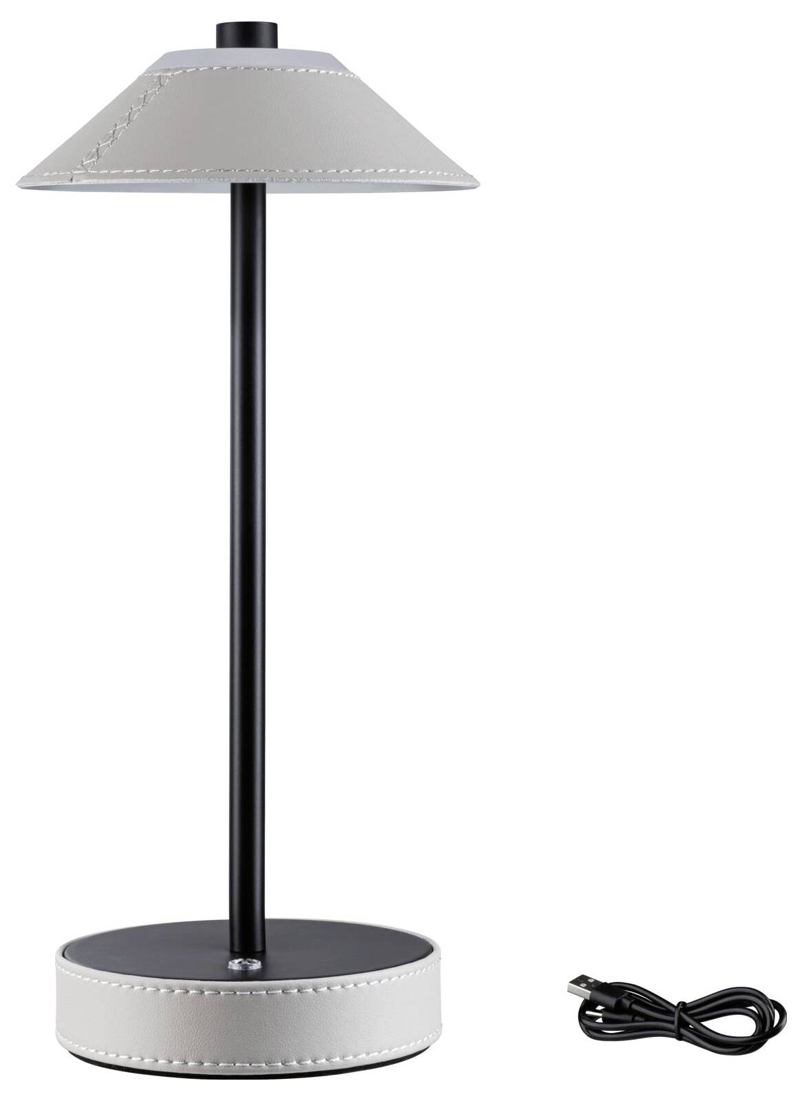 Jednoduchá stolná lampa s čiernou podstavou a sivým tienidlom. Vedľa nej leží odpojiteľný elektrický kábel.