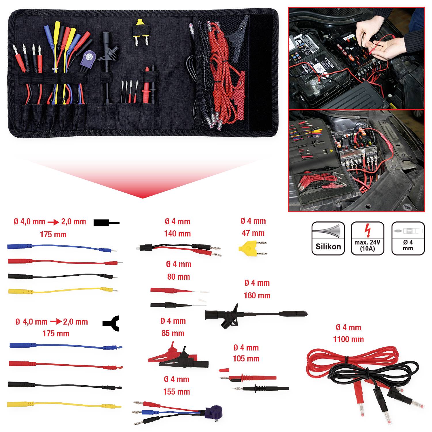 Multimeter - súprava príslušenstva s káblami, sieťovými adaptérmi a svorkami. Obsahuje silikónové vodiče, max. 24V, 10A, 0,4 mm až 2,0 mm.
