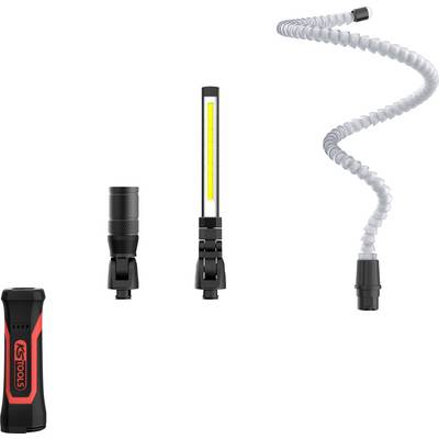 Tri inšpekčné svetlá K-Tools sú zobrazené: kompaktná baterka, čierna baterka, štíhly LED panel a flexibilné špirálové pracovné svetlo.