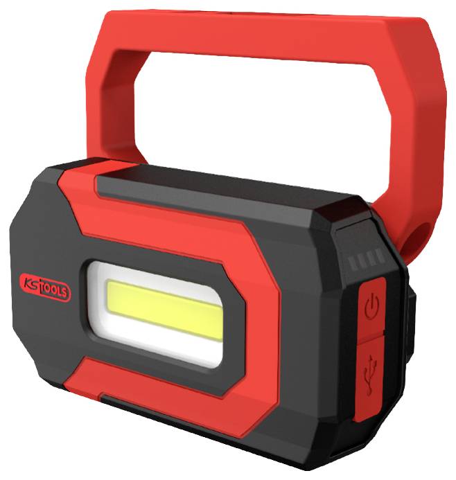 Prenosná LED pracovná lampa v čiernej a červenej farbe s rukoväťou, USB portom a vypínačom. Od spoločnosti KS Tools.