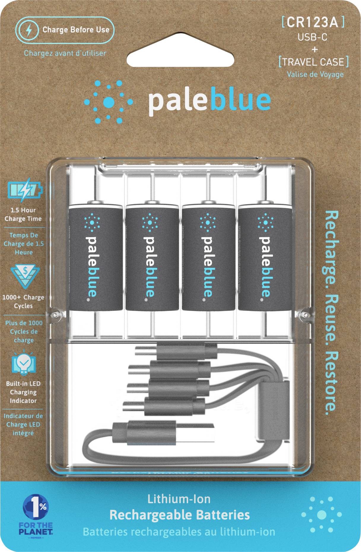Dobíjateľné lítiovo-iónové batérie 'Pale blue' v priehľadnom obale vrátane nabíjacieho kábla. Zvýraznená funkcia rýchleho nabíjania.