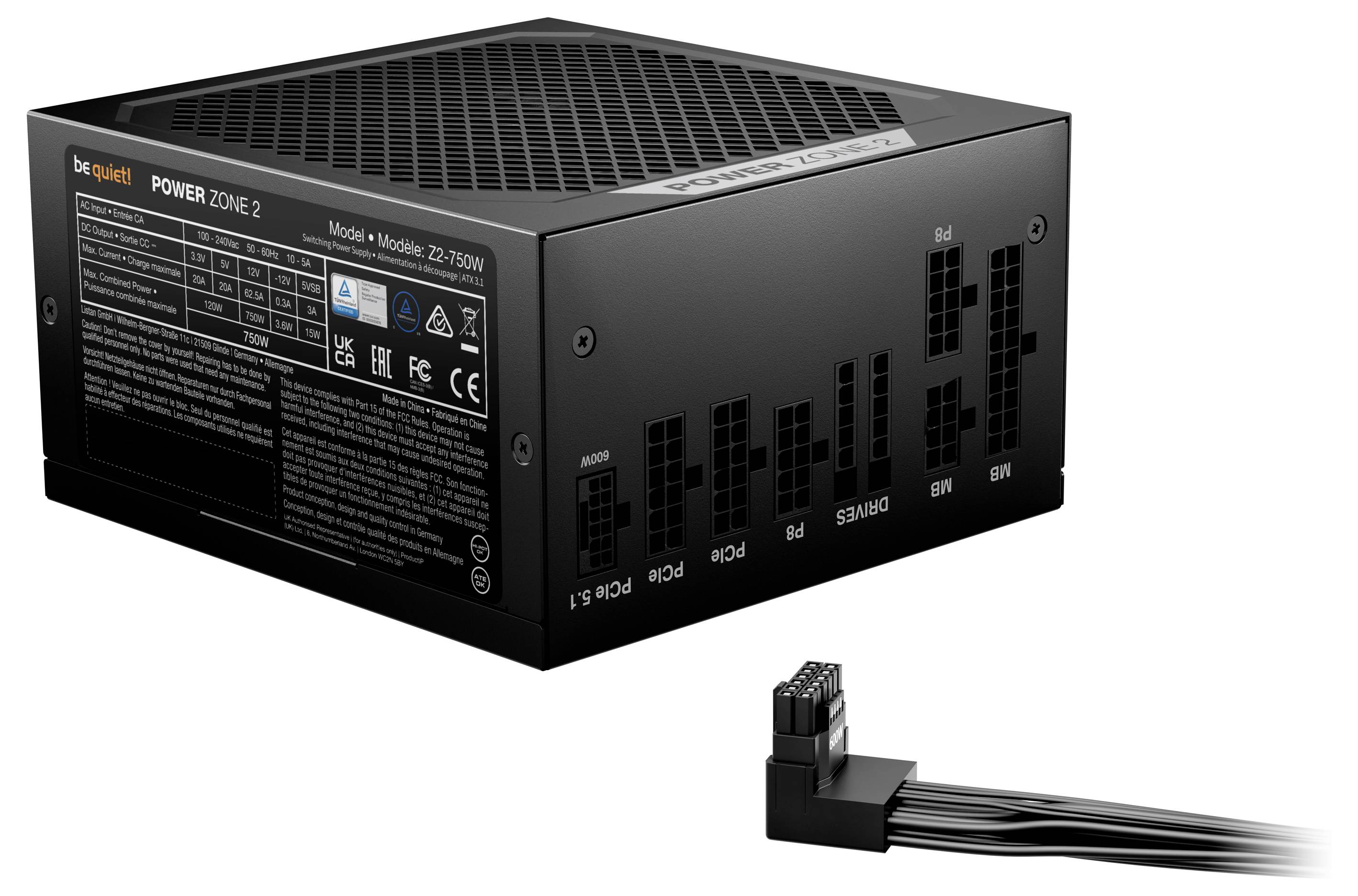 Čierne počítačové napájanie 'be quiet! Power Zone 2' model Z2-750W s viacerými možnosťami pripojenia, vedľa znázornený kábel.