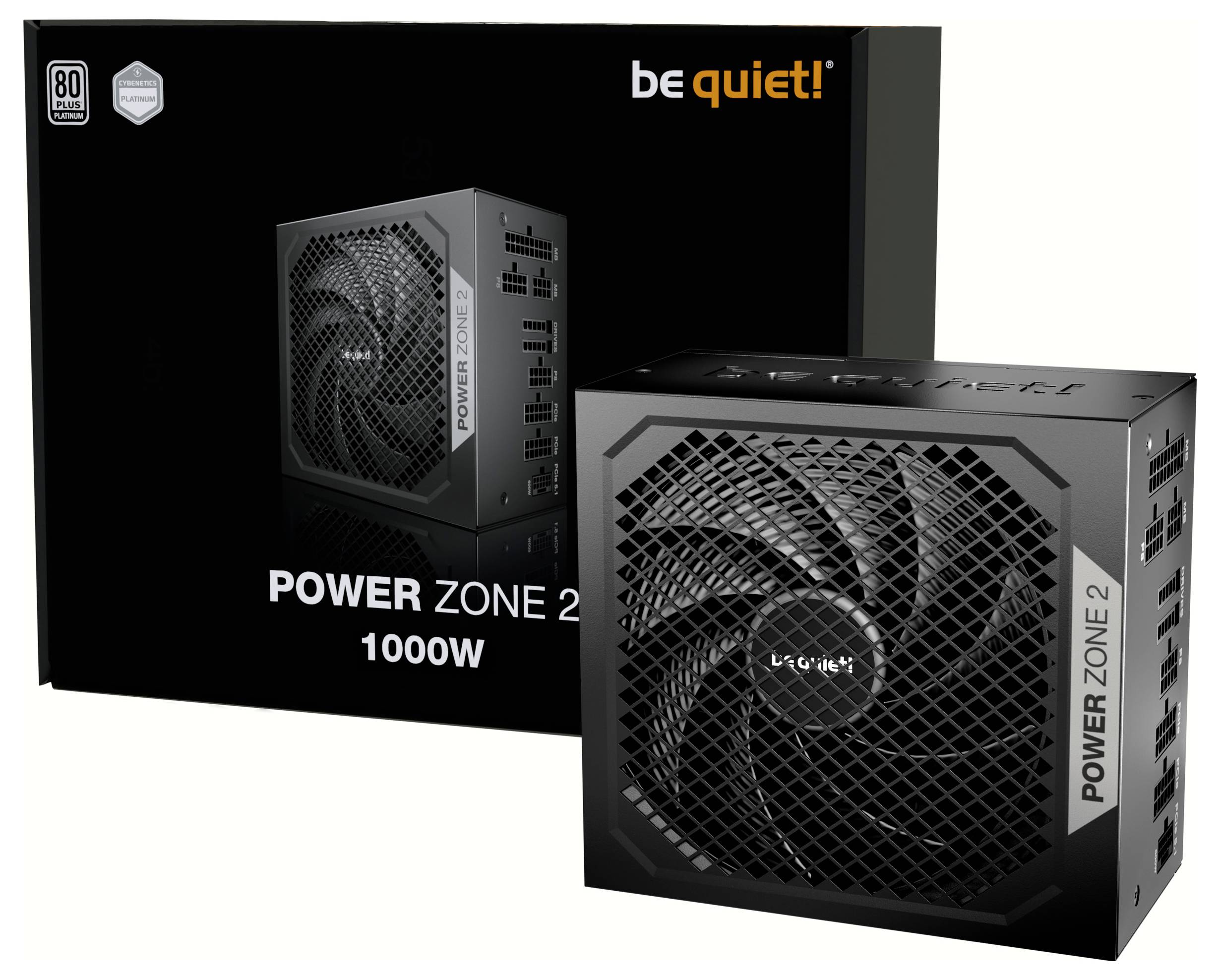 Čierna napájacia jednotka be quiet! Power Zone 2 s výkonom 1000W, ktorá zobrazuje ventilátor a konektory; balenie v pozadí.