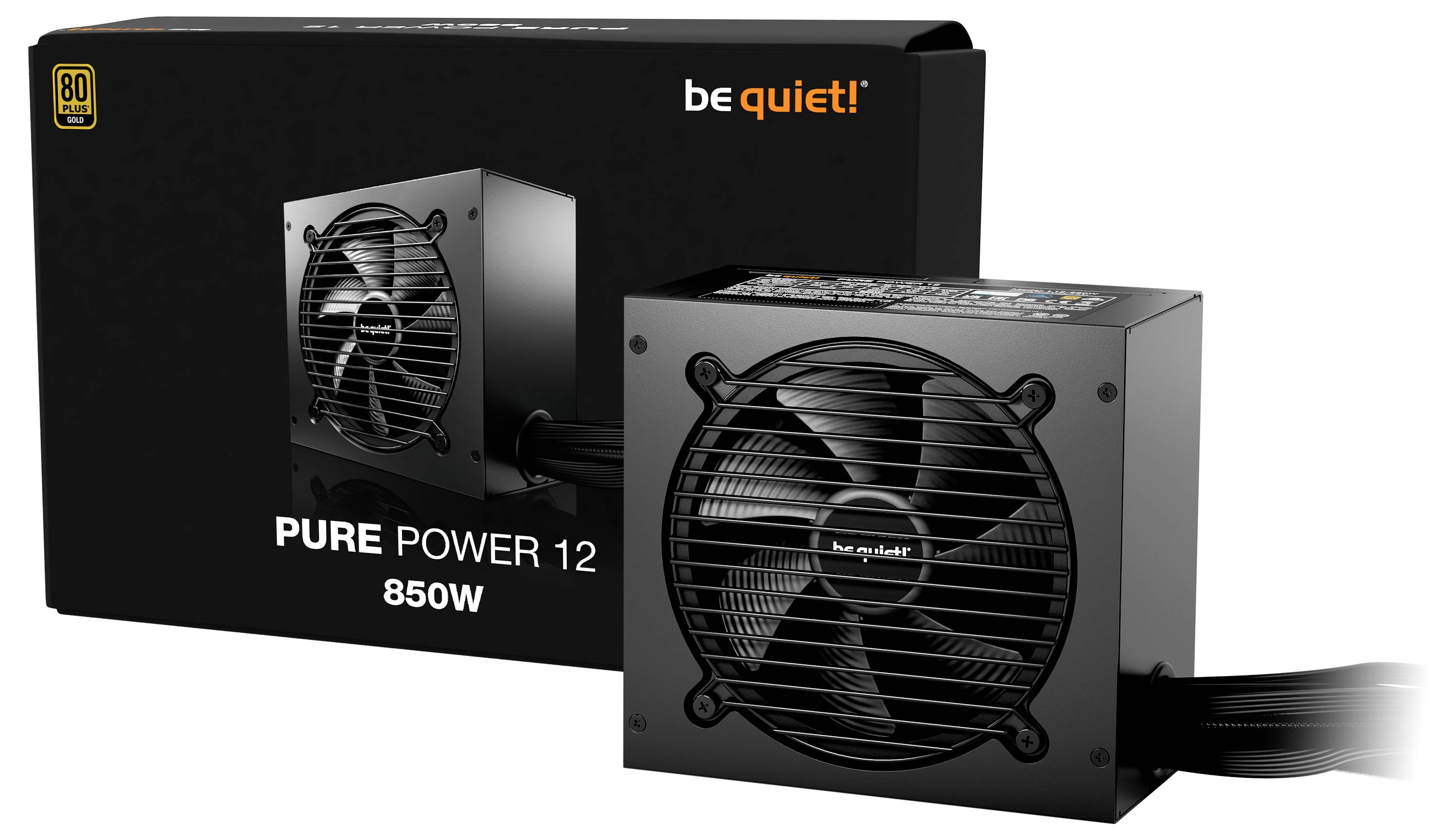 Sieťový zdroj 'be quiet! Pure Power 12' 850W, v čiernom dizajne, zobrazený pred obalom. Energeticky úsporný so zlatým certifikátom 80 Plus.
