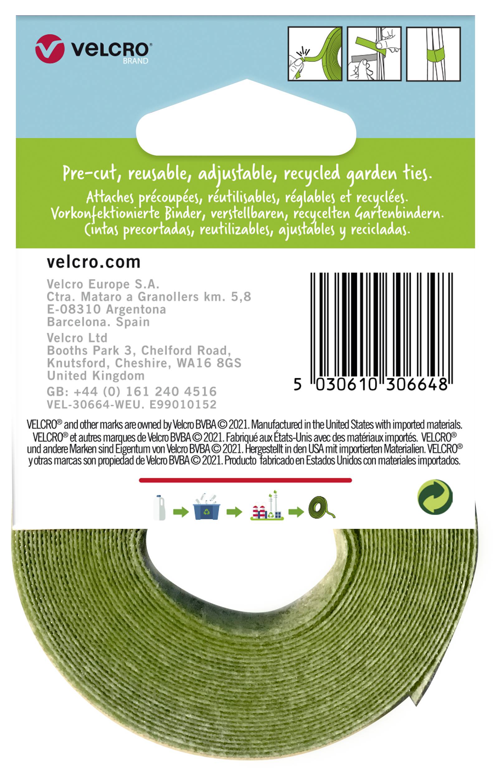Balenie suchého zipsu pre recyklovateľné záhradné slučky. Obsahuje zelený, opakovane použiteľný a prispôsobiteľný suchý zips.
