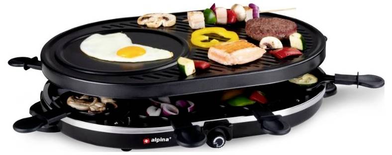 Alpina Switzerland 871125218240 Raclette 8 vaschette, Rivestimento antiaderente, Spia luminosa Nero
