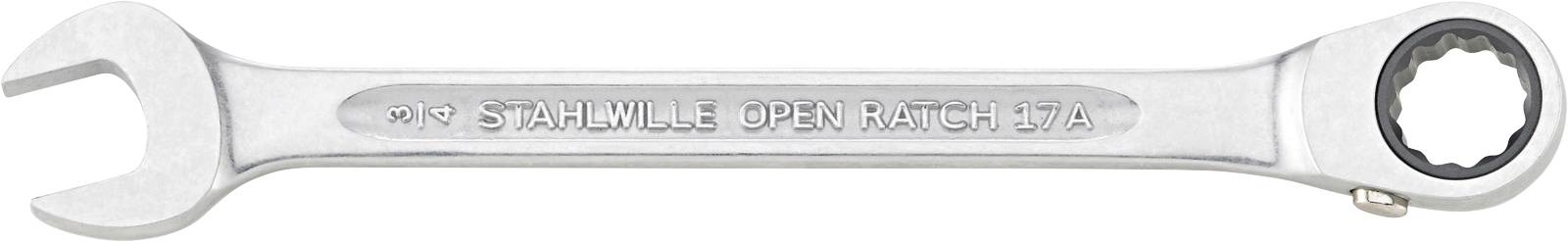 Strieborný obojstranný kľúč s nápisom 'STAHLWILLE OPEN RATCH 17/A', ktorý má otvorené a kruhové konce pre skrutkovacie práce.